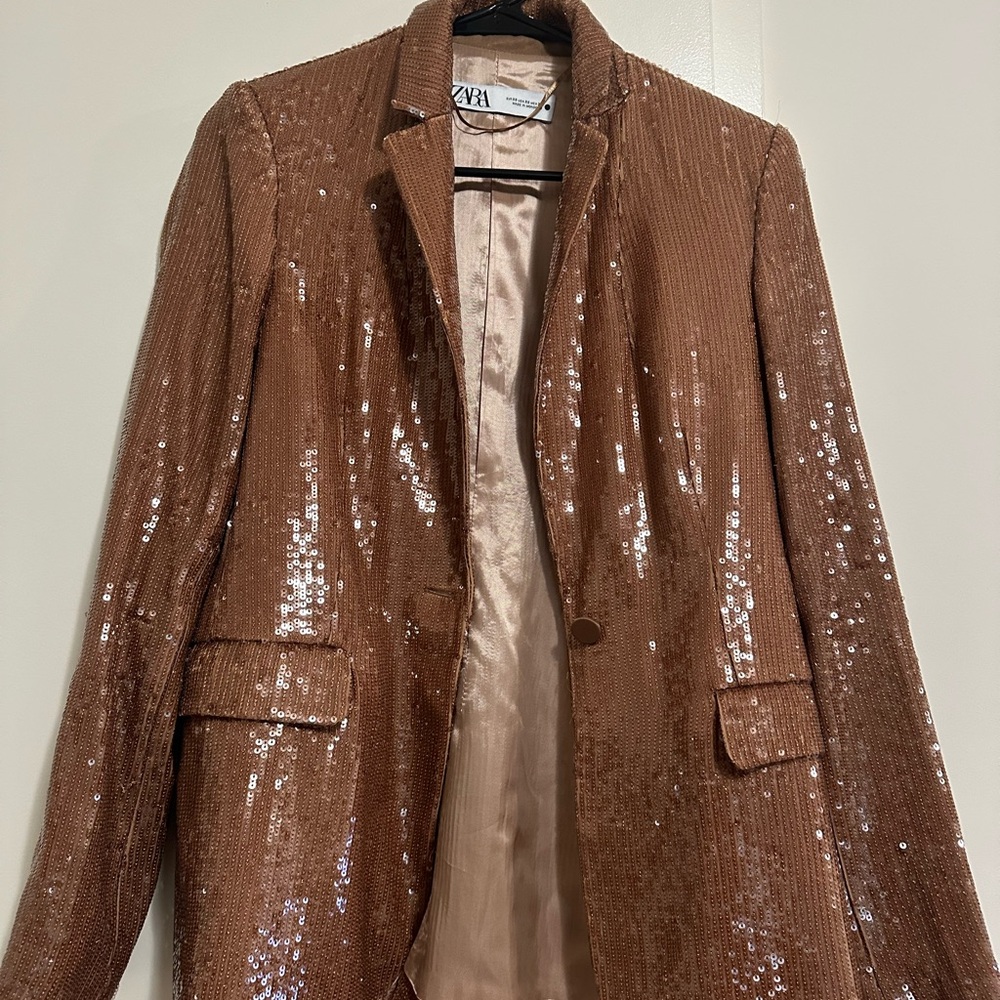 Zara Women's Shimmering Sequin Blazer - Tan